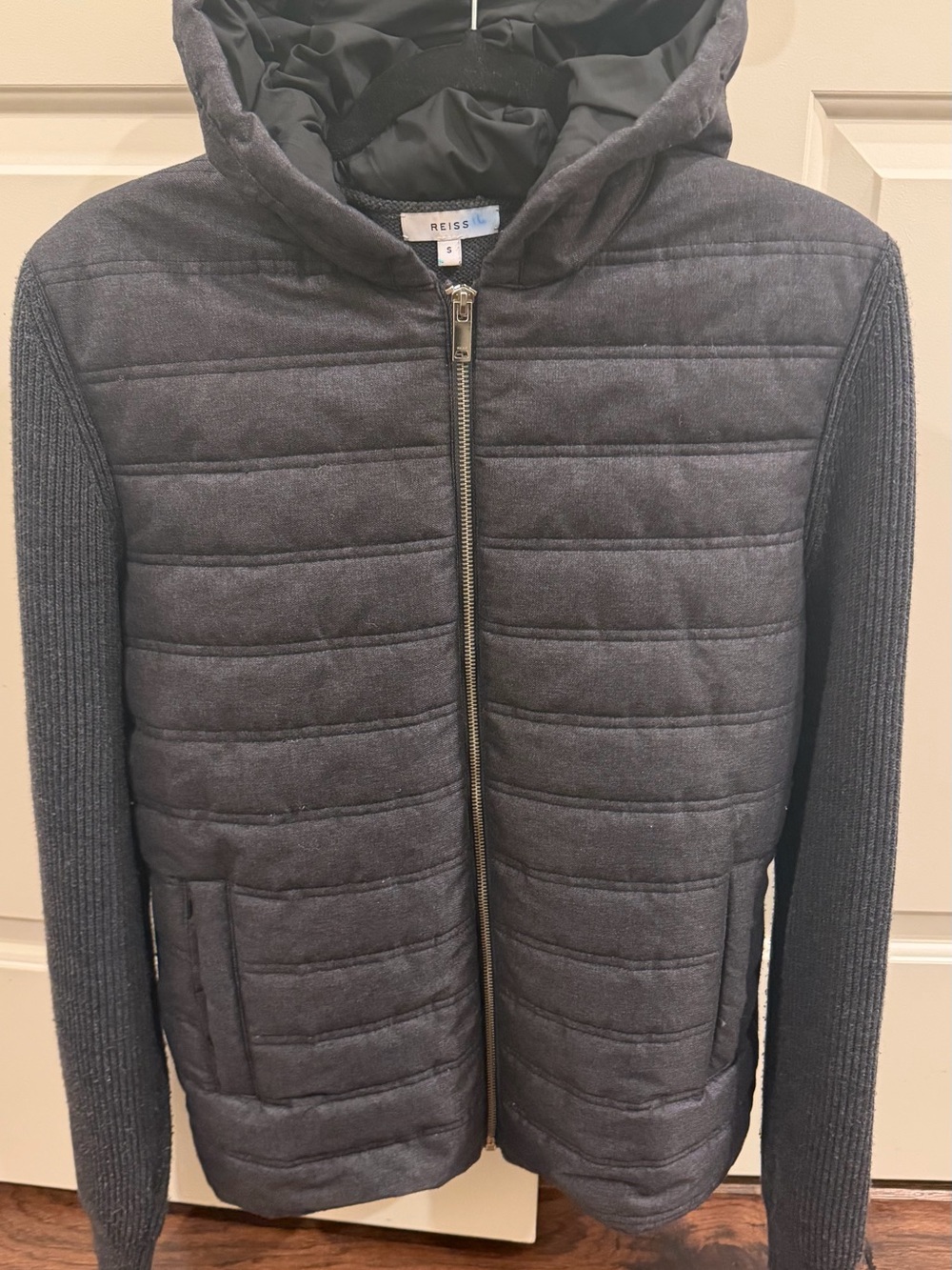 Reiss Men's Charcoal Quilted Hooded Jacket